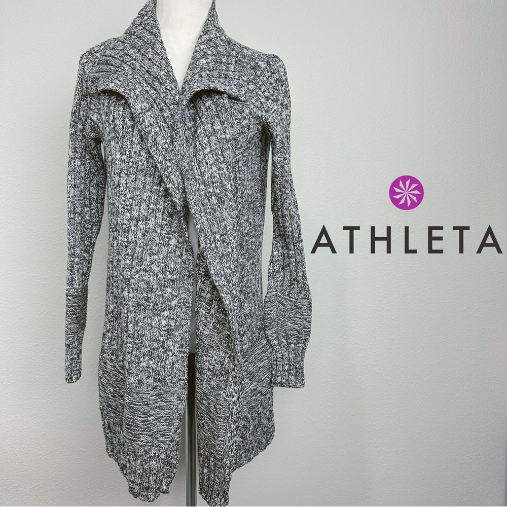 Athleta Wildwood Sweater Open Coat Black Marl Merino Wool Draped Cardigan Small